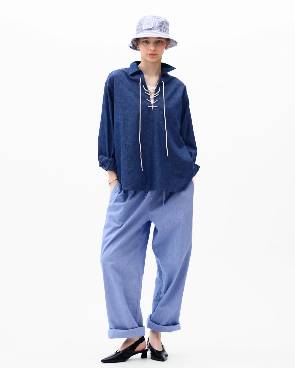 リノ(CLUÉL Collaboration) CHAMBRAY COAT LENO OFFICIAL WEBSITE / 【CLUÉL Collaboration】CHAMBRAY PULLOVER