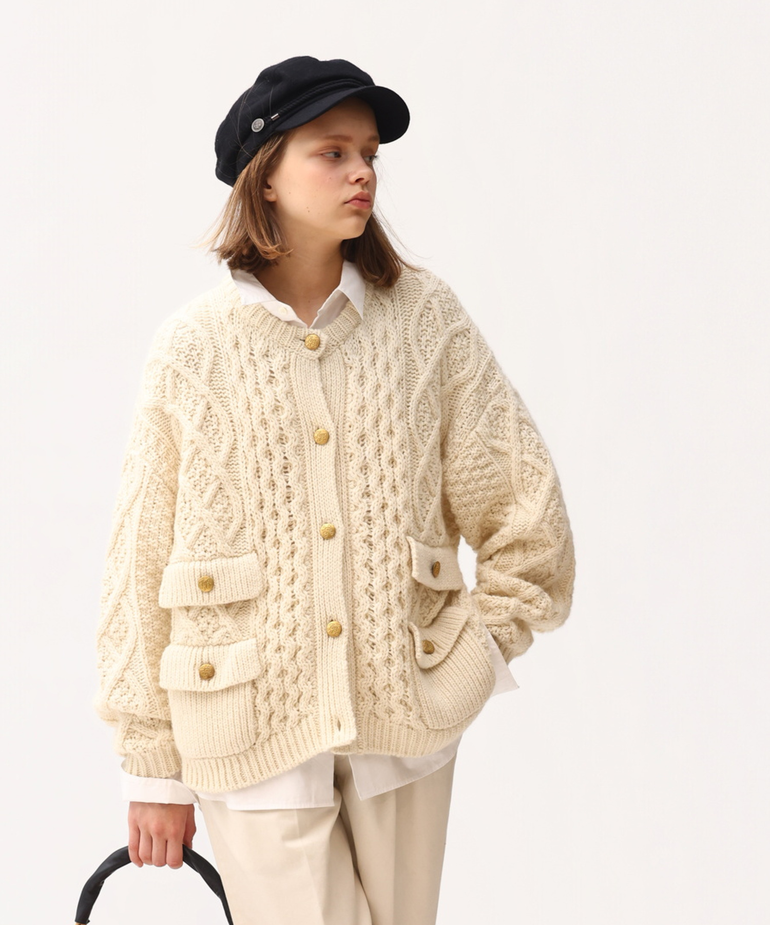 ARAN KNIT CREW NECK CARDIGAN ECRU