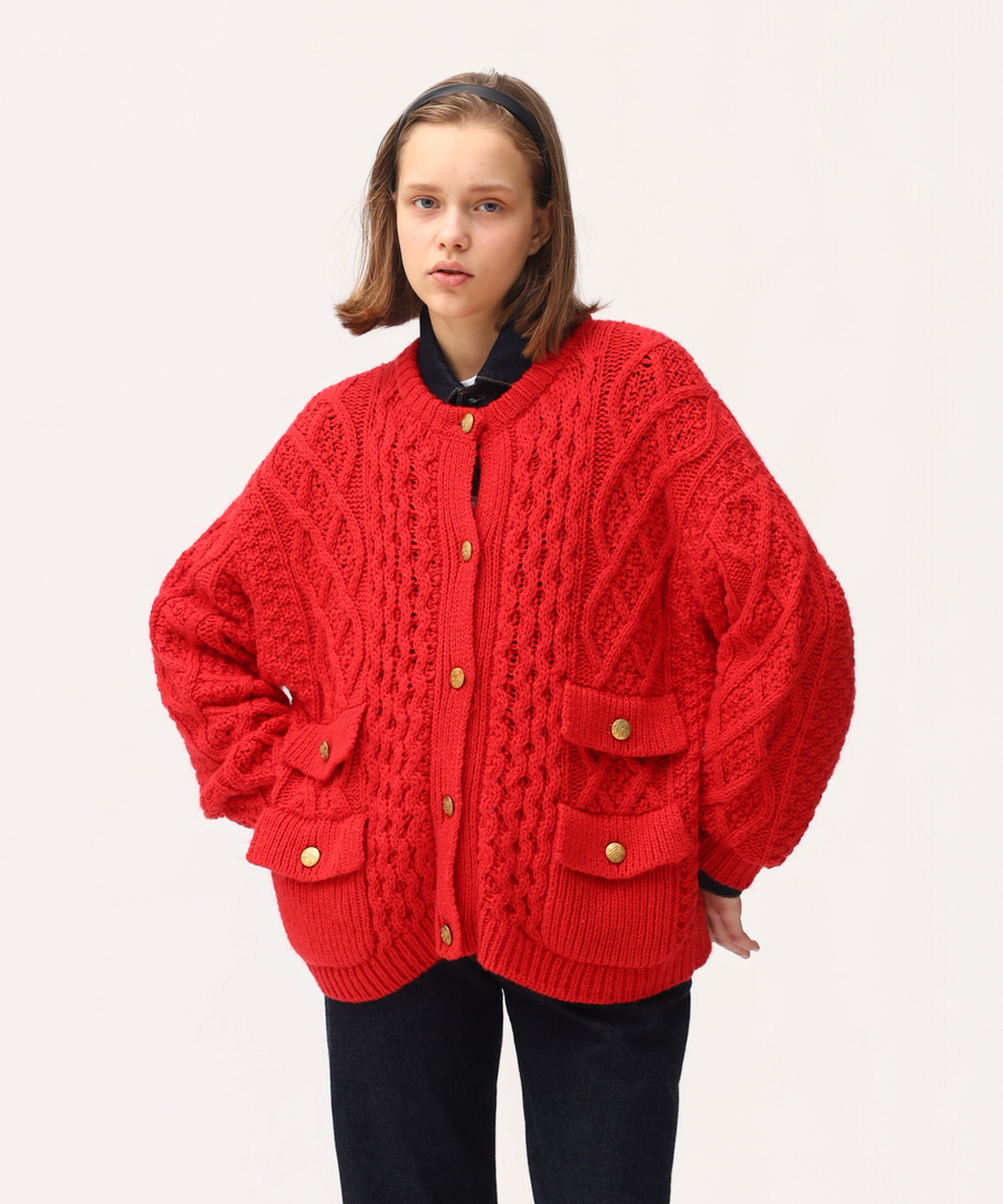 ARAN KNIT CREW NECK CARDIGAN RED