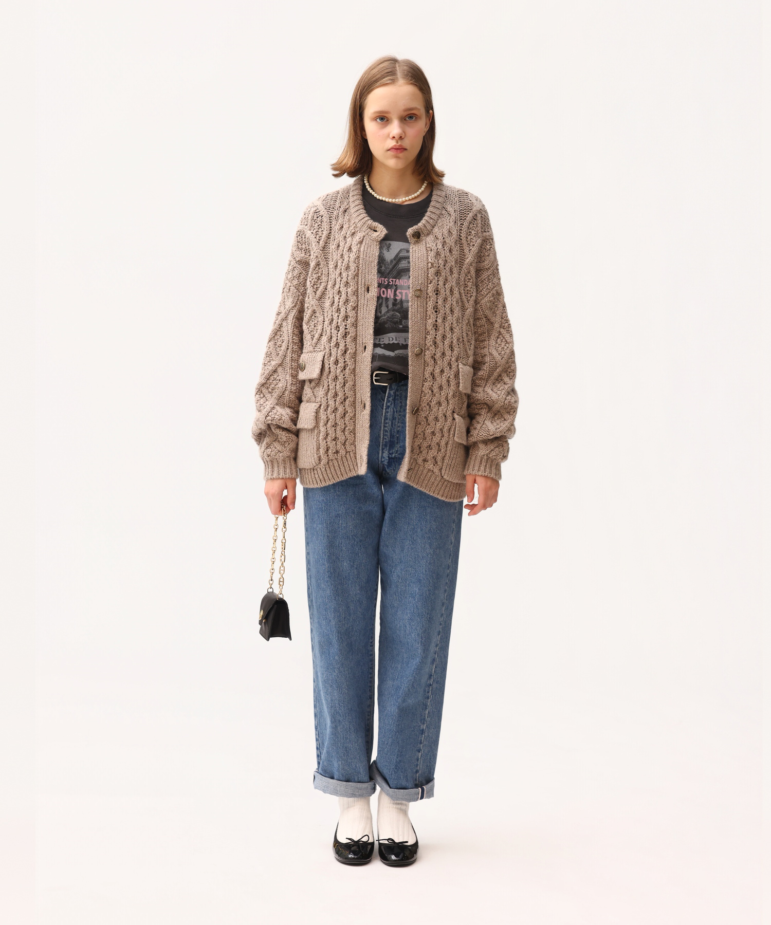 ARAN KNIT CREW NECK CARDIGAN