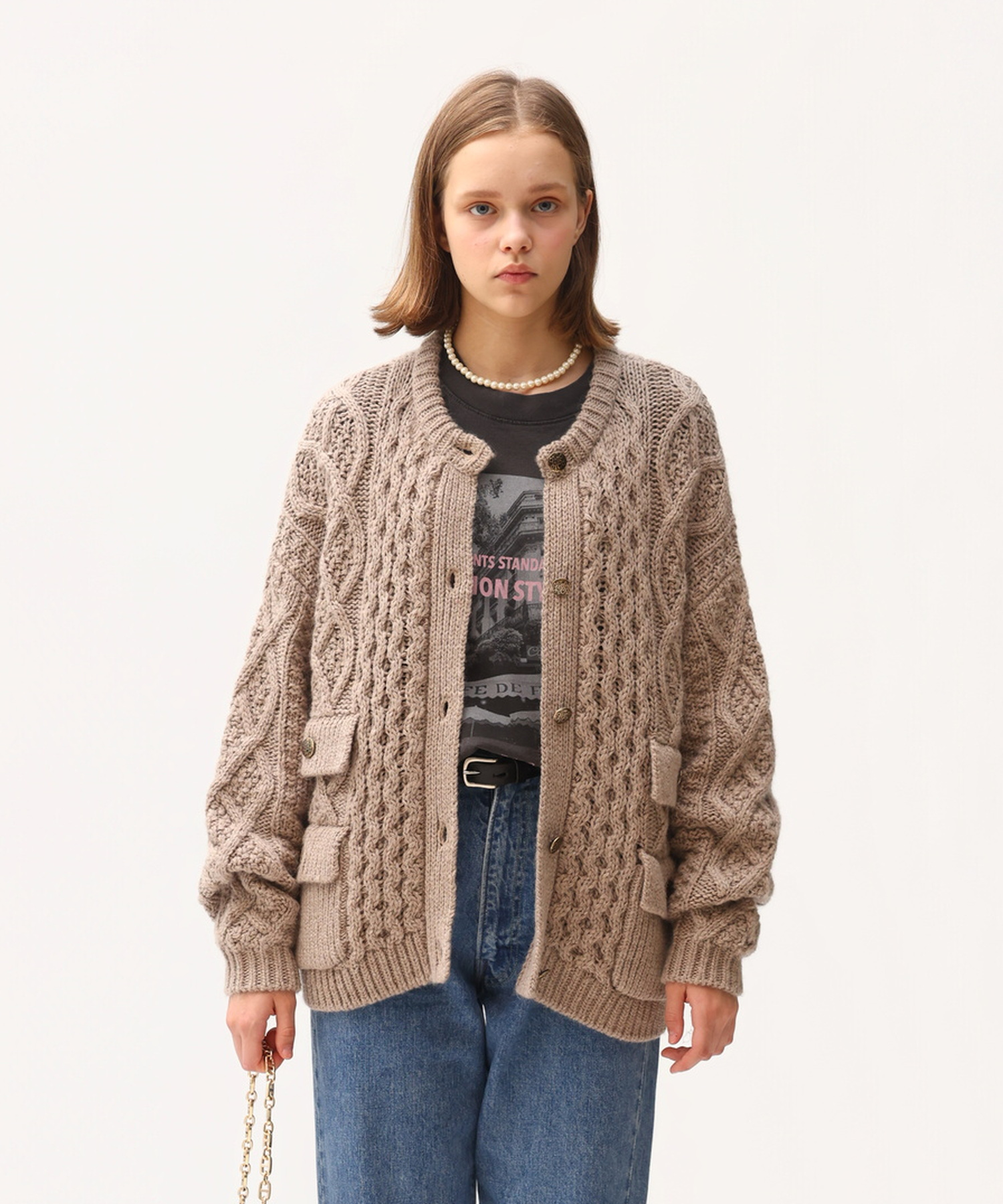 ARAN KNIT CREW NECK CARDIGAN
