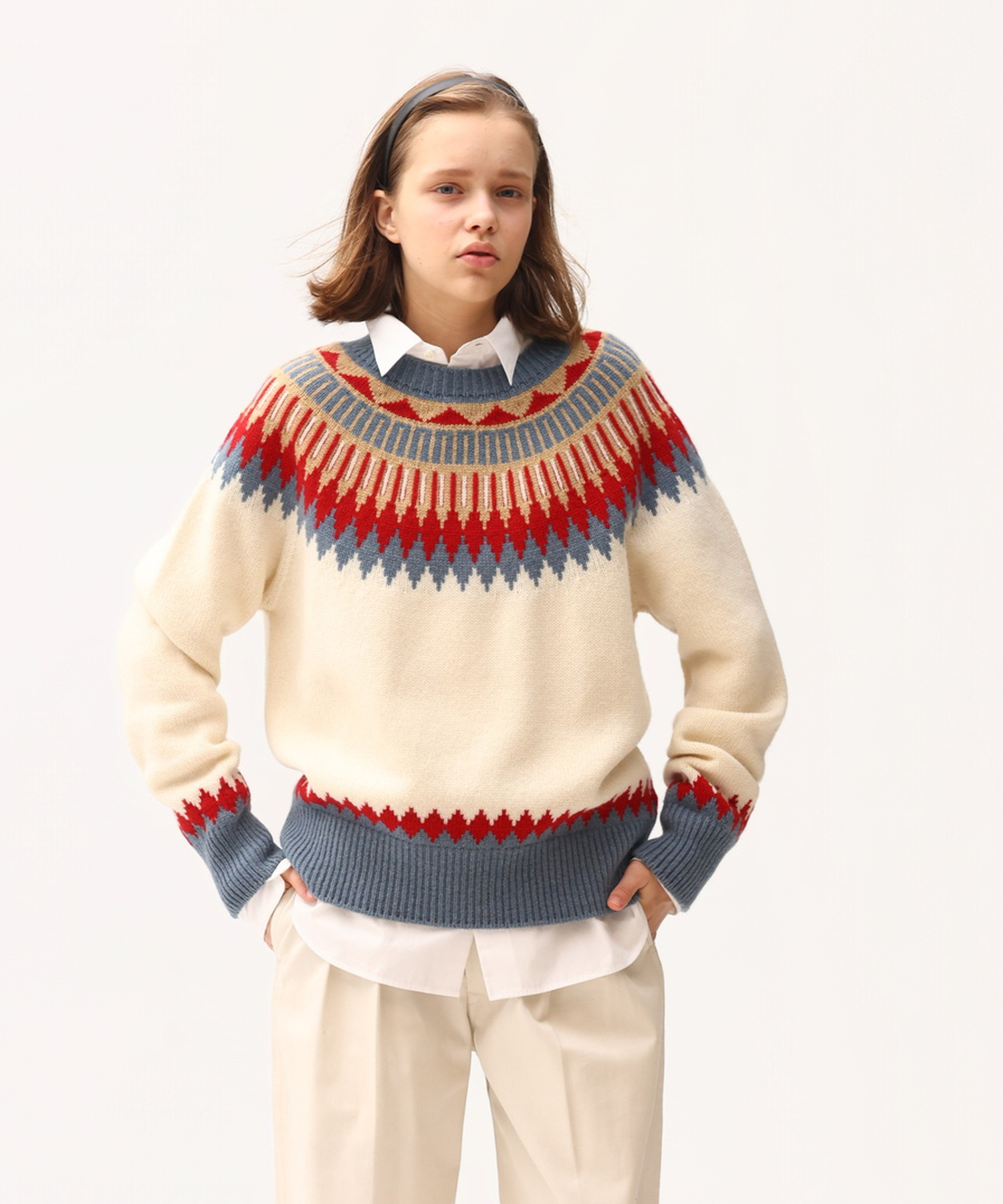 EXTRA FINE LAMB FAIR ISLE SWEATER WHITE×BLUE